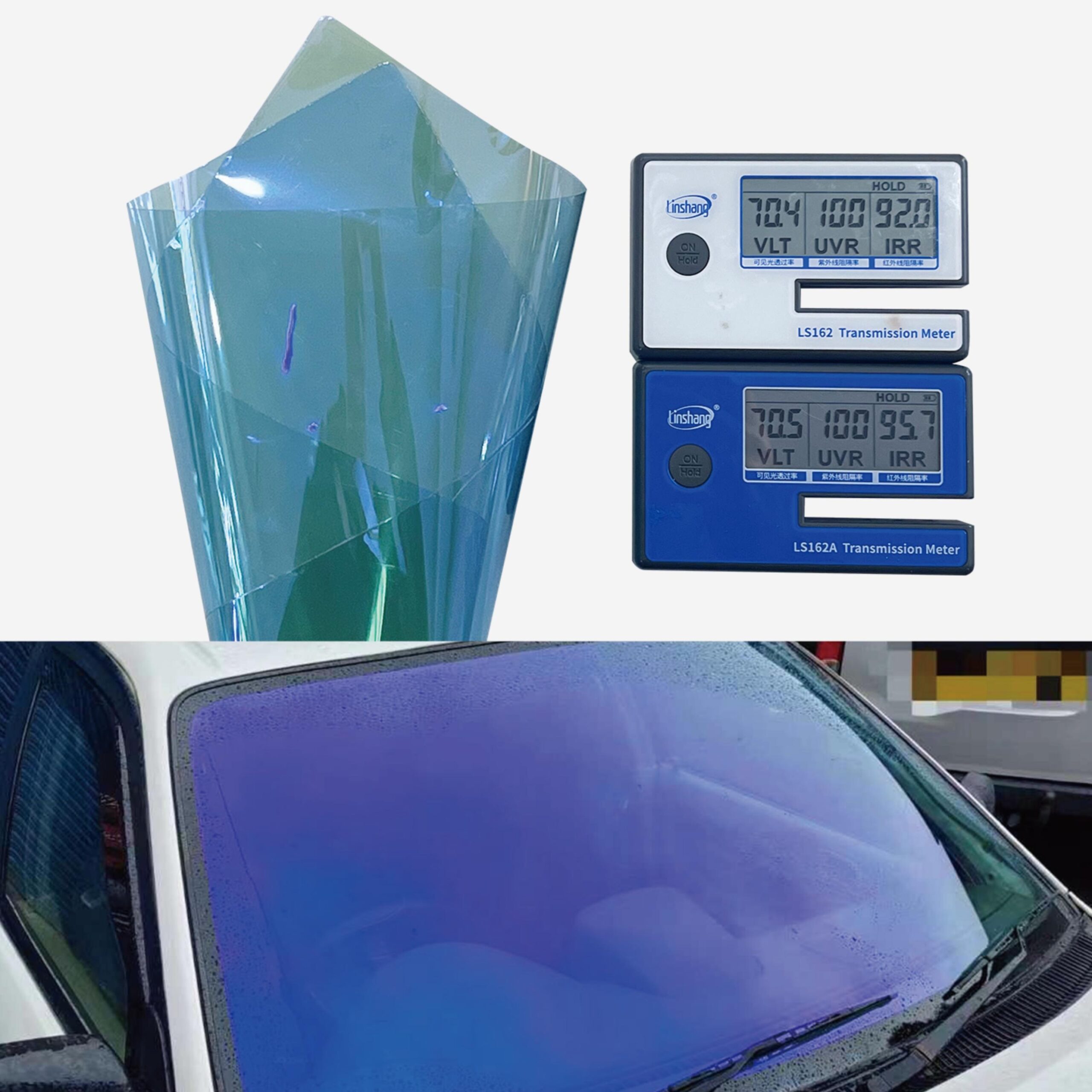KSB JP7599 purple chameleon windshield film with 70% VLT, 100% UV rejection, and 95% IR rejection.