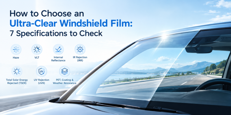 Ultra-clear windshield film with high optical clarity, showing seven key specifications including haze, VLT, internal reflectance, IRR, TSER, UVR and weather resistance.