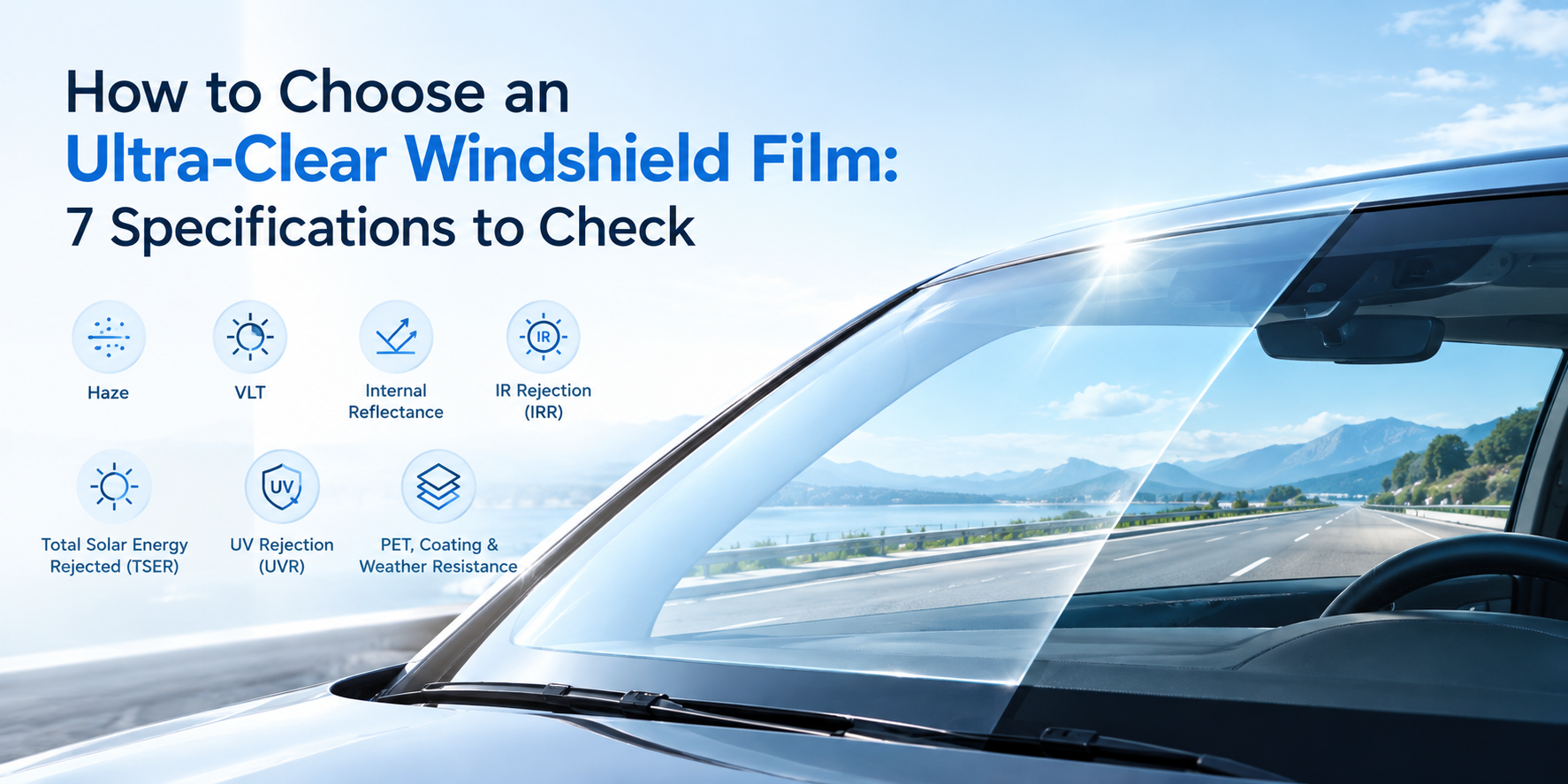 Ultra-clear windshield film with high optical clarity, showing seven key specifications including haze, VLT, internal reflectance, IRR, TSER, UVR and weather resistance.