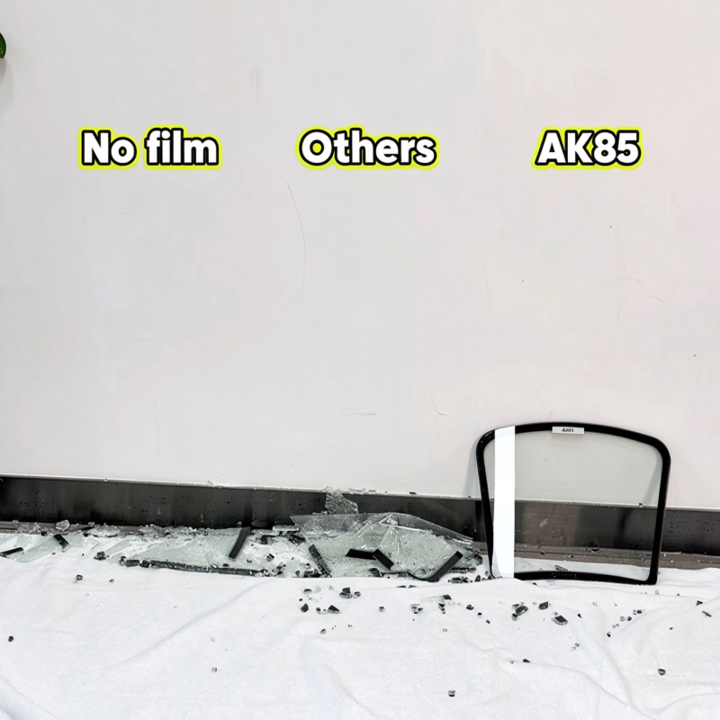 Windshield film glass shard retention test