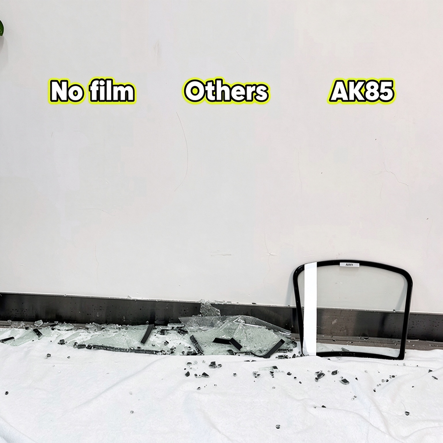 Windshield film glass shard retention test